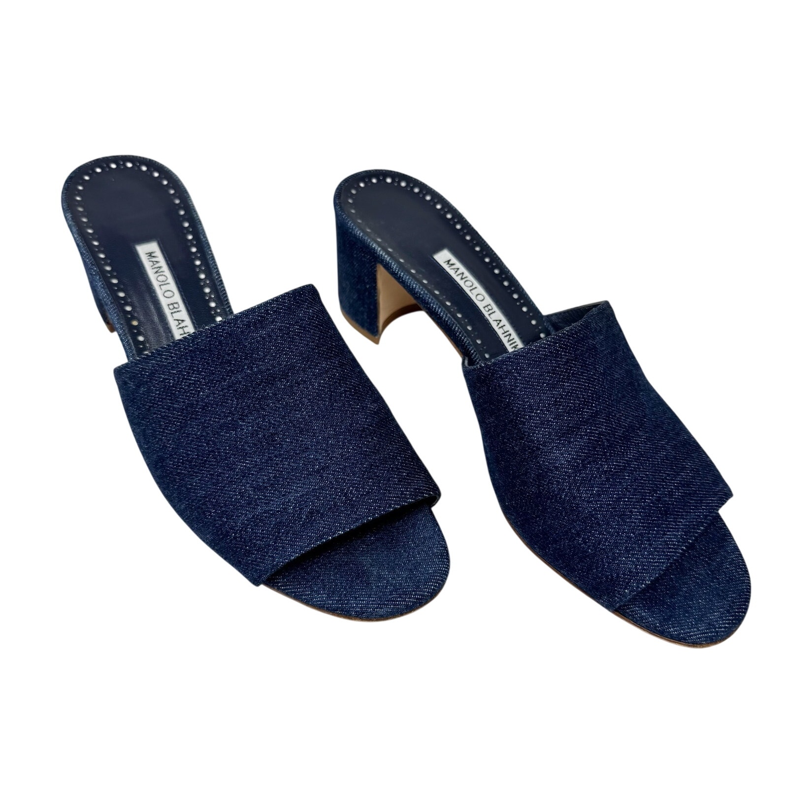 Manolo Blahnik Rapallato Denim Slide Sandals Indigo Blue Block Heel Mule Shoe 39